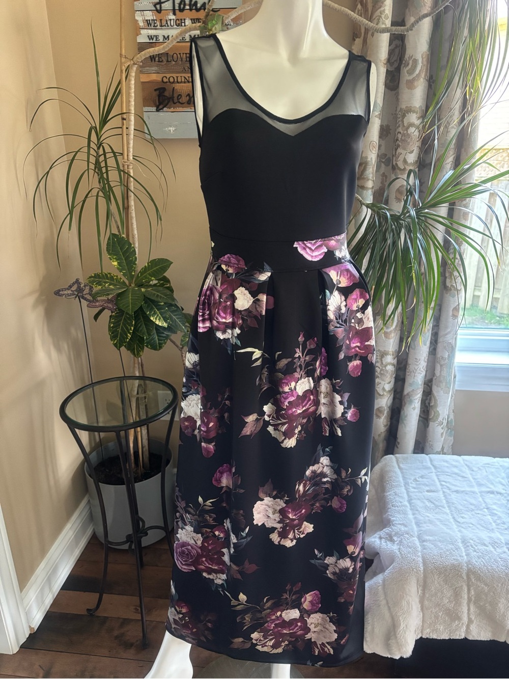 Enfocus Studio Black Midi Dress with Plum Floral Skirt